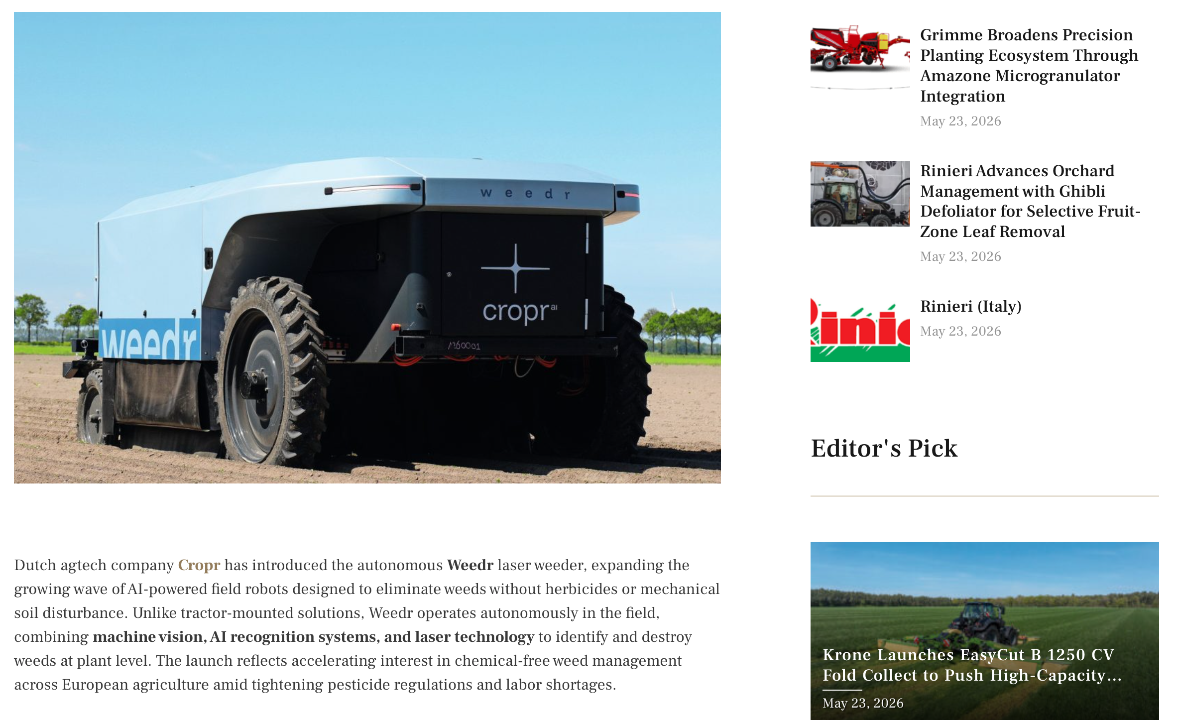 AgInsights coverage of CROPR Weedr laser weeder
